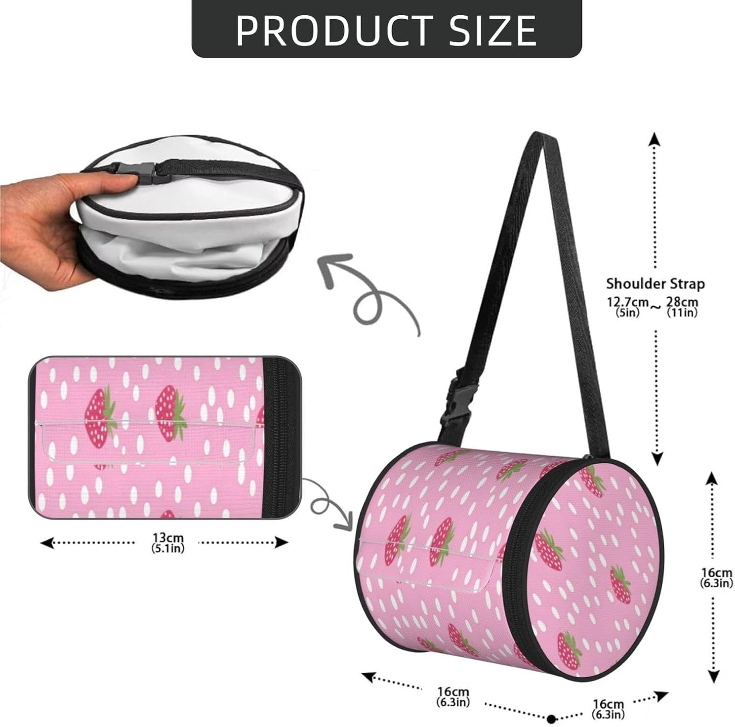 Oxford Cylinder Tissue Holder, Round Tissue Container Pink Strawberry Dots Pattern - 6.3''X6.3'' Portable Toilet Paper Roll Cover Tissue Box for Home Car Camping Office Travel