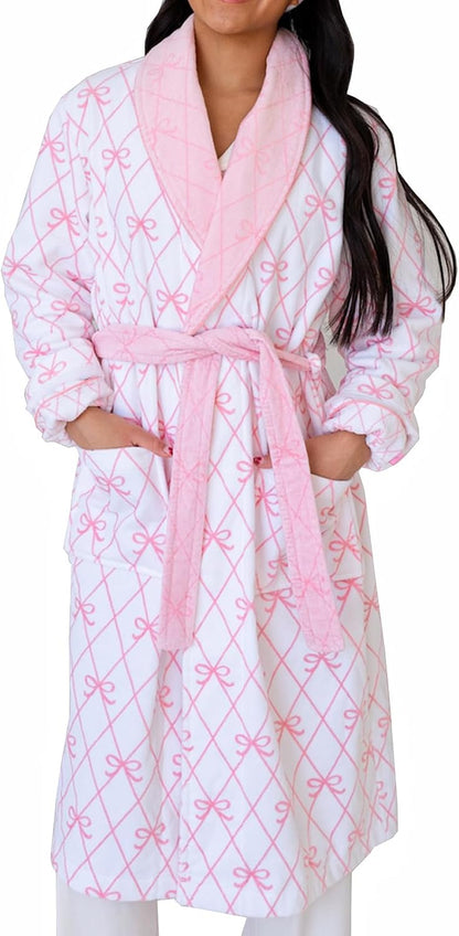 Women Valentine's Day Bow Floral Long Sleeve Plush Robes Fuzzy Shawl Collar Warm Belted Bathrobes