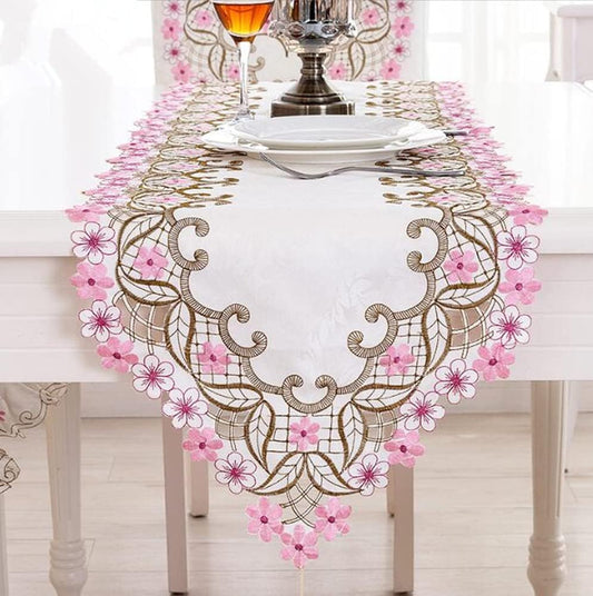 Judy Dre am Vintage Flower Embroidered Lace Table Runner,Floral Polyester Dresser Scarves for Table Top Home Restaurant Wedding Decoration,Pink 15" x 59"