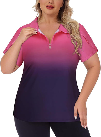 Tanst Sky Women's Plus Size Golf Polo Shirts Zip Up Short Sleeve Tops Loose Fit UPF 50+ Tennis Workout Apparel XL-5XL