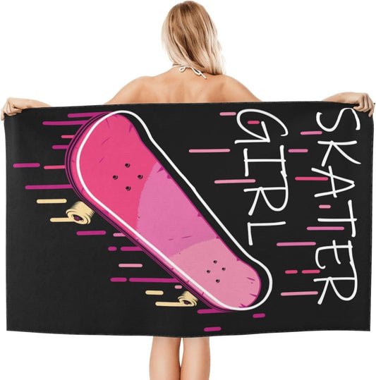 Pink Skateboard Skater Girl Bath Towels Absorbent Microfiber Quick Dry Large Bathroom Towel Soft Lightweight 52x32 in for Home Gym Beach Travel