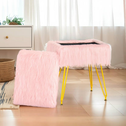 Vanity Stool Chair with Storage, Soft Ottoman Seat Vanity Chair with Anti-Slip Feet, Fluffy Padded Seat Multifunctional Footrest Side Table with 4 Metal Legs for Makeup, Bedroom, Dorm, Pink