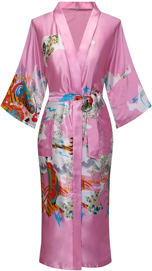 Women’s Long Satin Kimono Robe with Side Pockets Floral Silky Lightweight Bathrobe Soft Sleepwear Loungewear
