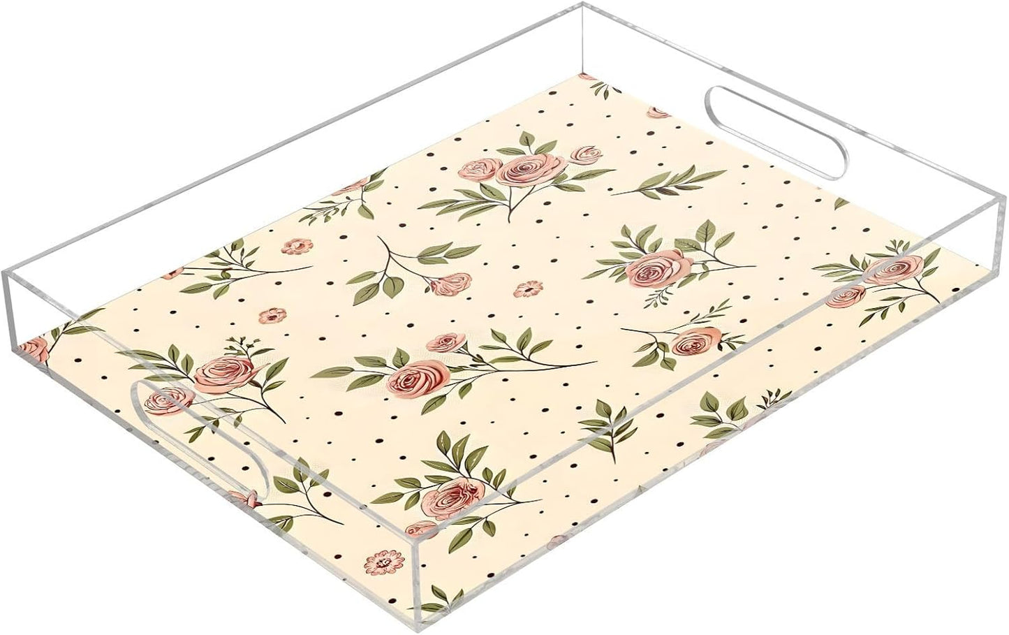 Retro Floral Pink Serving Tray 12" x 16" Acrylic Trays with Handles Decorative Serving Platter for Coffee, Breakfast in Bed, Dinner, Appetizers, Patio, Party
