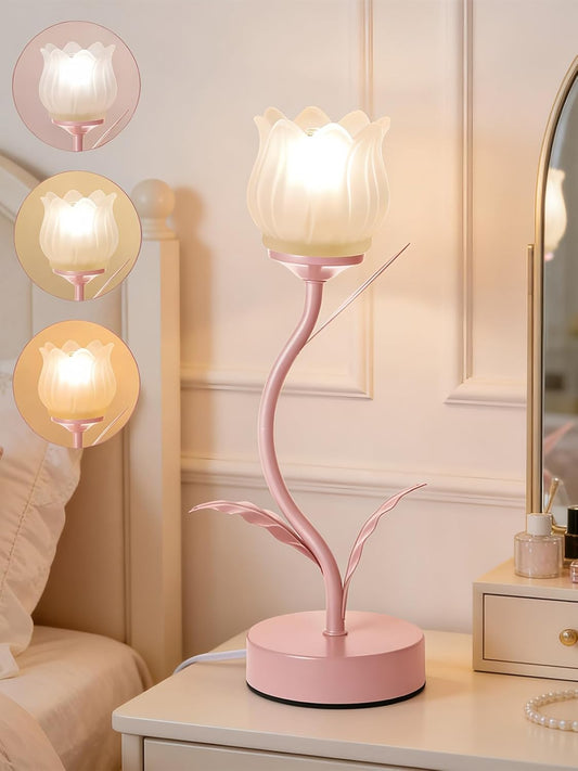 Tulips Flower Table Lamp,Cute 3 Colors Modes Vintage Bedside Flowers Night Light for Bedroom Living Room Office Girl's Room Nightstand Lighting LED Reading Tulip Desk Lamps Home Decor (Pink)