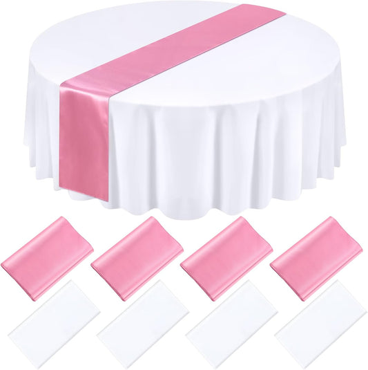 Tudomro 8 Pcs White and Light Pink Round Plastic Tablecloth and Satin Table Runner Set 84 Inch Round Covers 12 x 108 Inch Table Runners for Wedding Birthday Party Baby Shower Anniversary