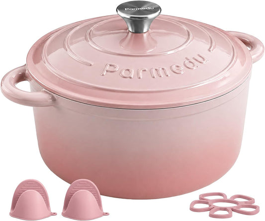 Parmedu 5.5QT Enameled Cast Iron Dutch Oven for Sourdough Bread, Slow Cooking & Home Meals, Beginner-Friendly Pot for Artisan Bread with Crispy Crust & Airy Interior, Easy to Clean, PFAS Free (Pink)
