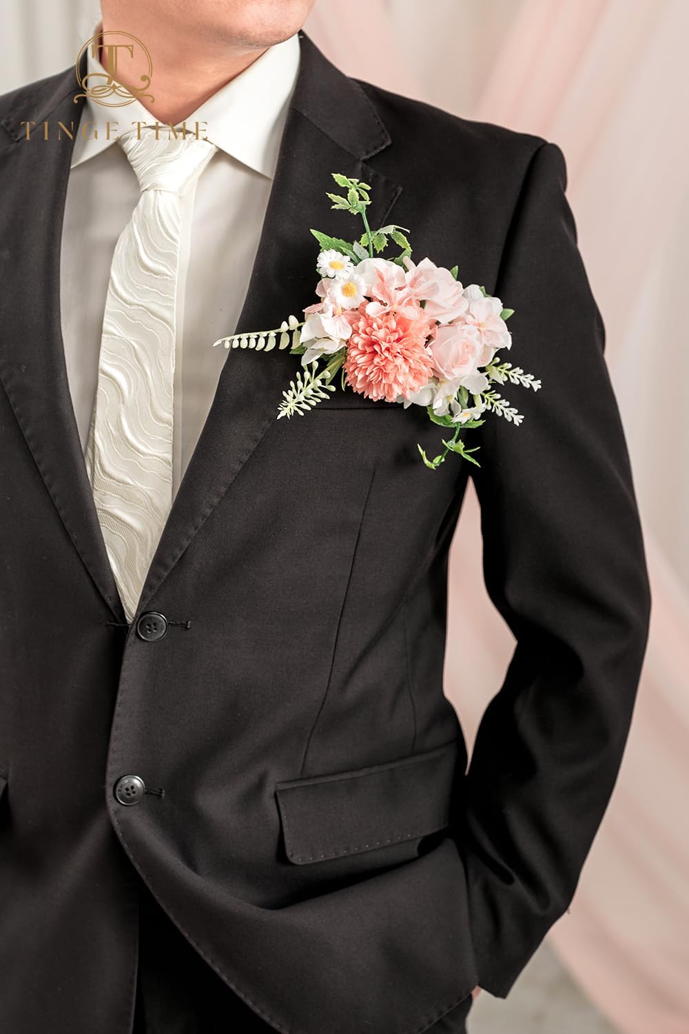 TingeTime Single Pocket Boutonniere for Man Groom, Best Man Boutonniere for Wedding Ceremony Anniversary, Formal Dinner Party and Rustic Spring Wedding Marriage(PeachPink&White)