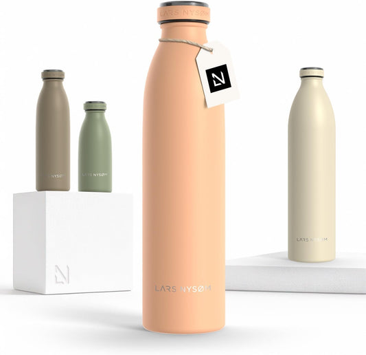 LARS NYSØM Stainless Steel Insulated Water Bottle 12oz 17oz 25oz 34oz 51oz | Insulated Thermo Flask for Hot and Cold Beverages | Leakproof Drinking Bottle (Creamy Peach, 25.4oz)