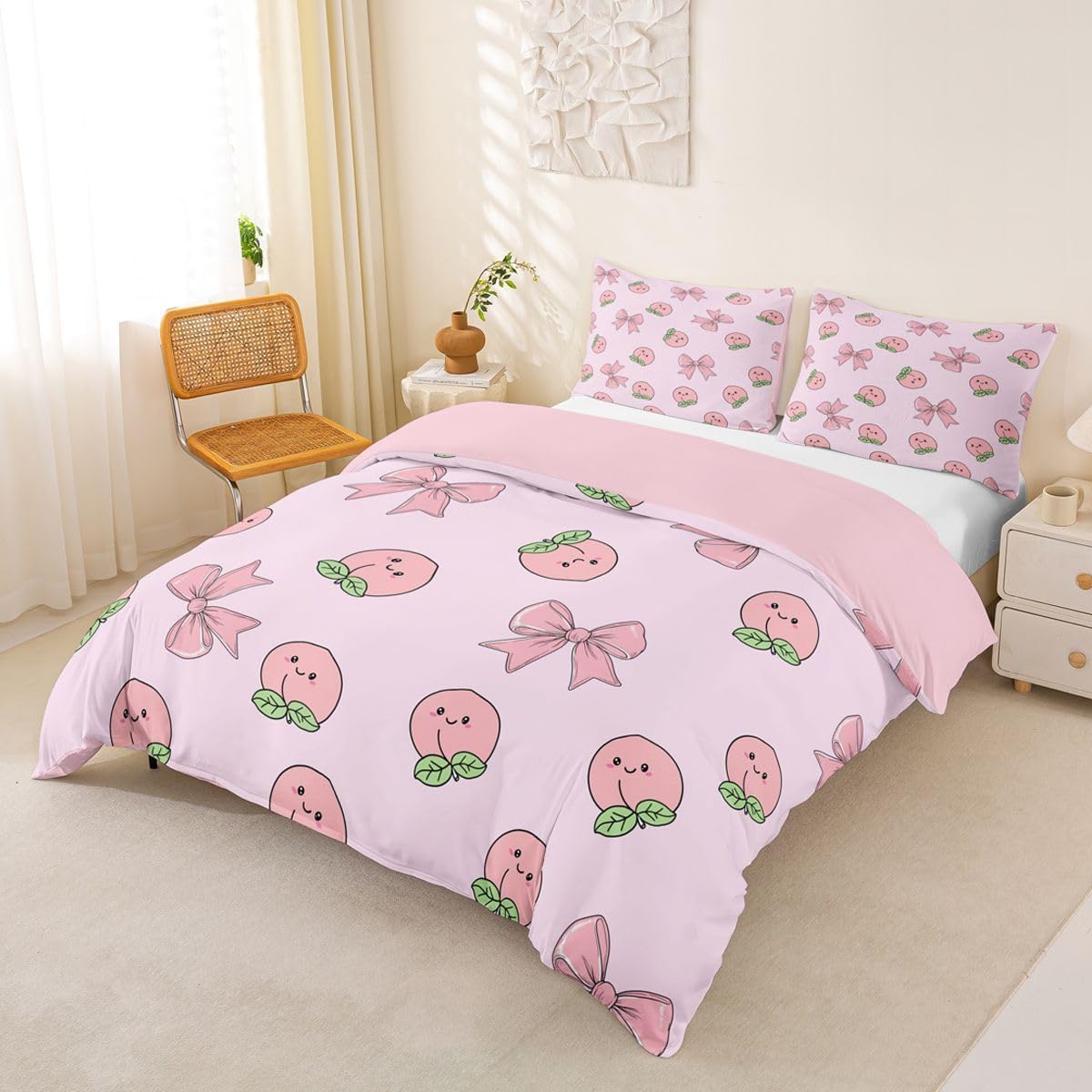 Erosebridal Bowknot Duvet Cover Queen Size Peach Bedding Set for Kids Boys Girls Cute Cartoon Peaches Kawaii Pink Bow Comforter Cover Fruit Princess Ribbon Bowtie Bedclothes