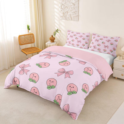 Erosebridal Bowknot Duvet Cover Queen Size Peach Bedding Set for Kids Boys Girls Cute Cartoon Peaches Kawaii Pink Bow Comforter Cover Fruit Princess Ribbon Bowtie Bedclothes
