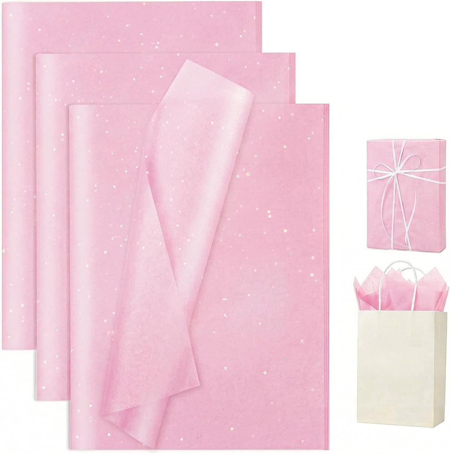 Pink Glitter Tissue Paper for Gift Bags 25 Sheets-20 x 20 Inch, Recyclable Gift Wrap Tissues for Decorating, Weddings, Birthdays, Party & Festival Decorations DIY Craft Supplies
