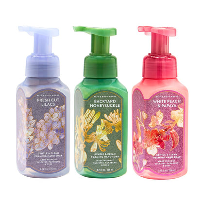 Bath & Body Works Gentle & Clean Foaming Hand Soap – FRESH CUT LILACS, BACKYARD HONEYSUCKLE, WHITE PEACH & PAPAYA 3pc bundle – 8.75 fl oz each - Fresh Floral & Fruity Scents