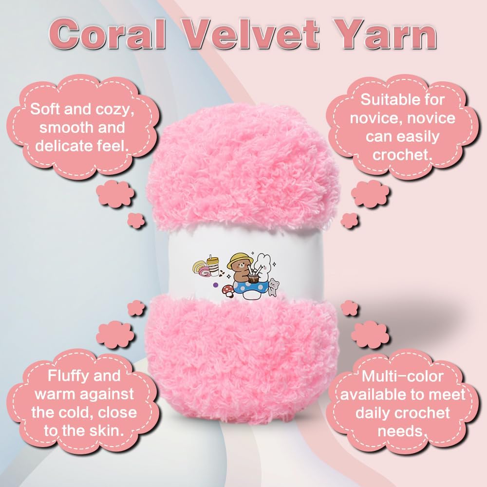 6 PCS Soft Coral Velvet Chenille Yarn for Crocheting,Fluffy Yarn for Knitting and Crochet DIY Craft,Warm Crochet for Bag Hat Scarve Gloves Slippers Dolls(Pink)