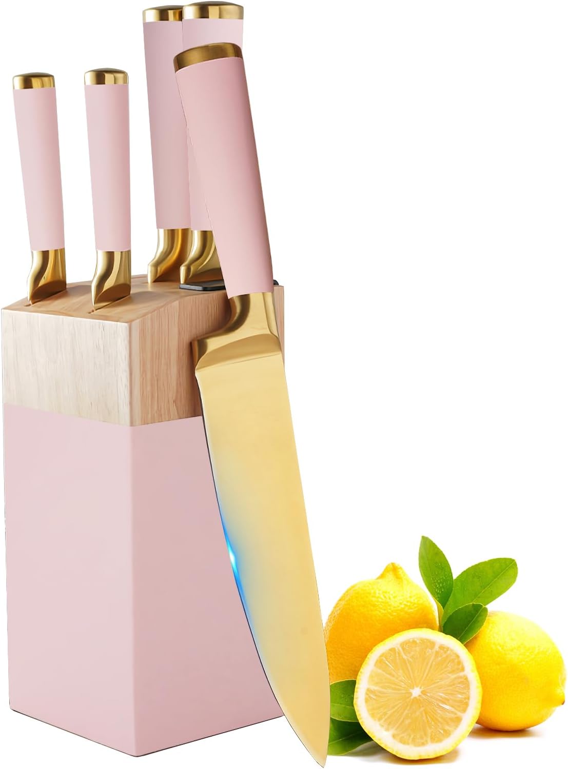 Kitchen Knife Set with Block and Sharpener, 7-Piece Knife Set for Chef, Pink Knife Holder Set, Gold-Plated Stainless Steel Kitchen Knife, Ergonomically Designed (Pink)