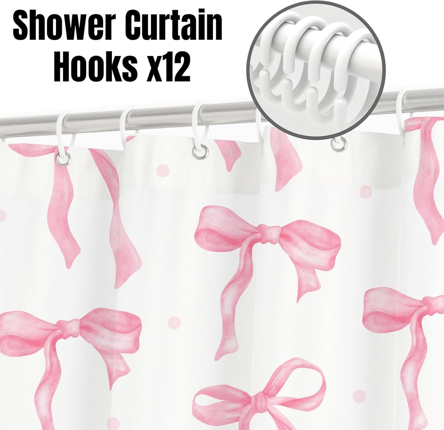 Cute Shower Curtain, Bow Pattern Waterproof Fabric Shower Curtain for Bathroom Decor, Aesthetic Modern Shower Curtains Sets with Hooks for Women Girls 72x72 Inches (Pink)