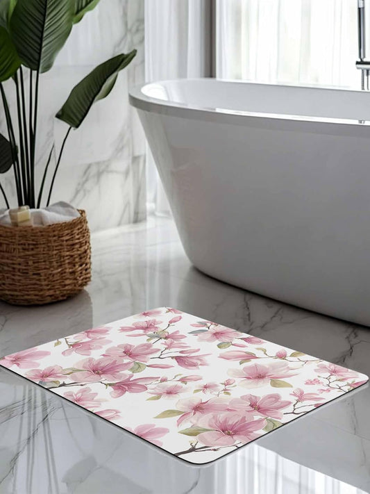 Bath Rugs,Spring Pink Blossom Flower Absorbent Diatomaceous Earth Bath Mat Quick Drying Non Slip Washable Shower Mat 16x24IN,Watercolor Magnolia Floral Branch Doormat for Bathtub Kitchen Living Room