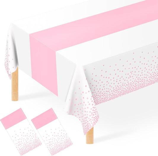 2 Pack White and Light Pink Tablecloth Disposable White Printed Pastel Pink Table Runner for Parties Baby & Bridal Shower Engagement Wedding Birthday BBQ Picnic Indoors and Outdoors Party