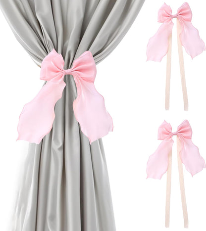 2 PCS Bow Curtain Tiebacks, Pink Butterfly Curtain Tiebacks with Pearls Sweet Bowknot Curtains Holdbacks Buckles Ribbon Curtains Ties for Home Bedroom Offices Dining Rooms Wedding Party Decoration