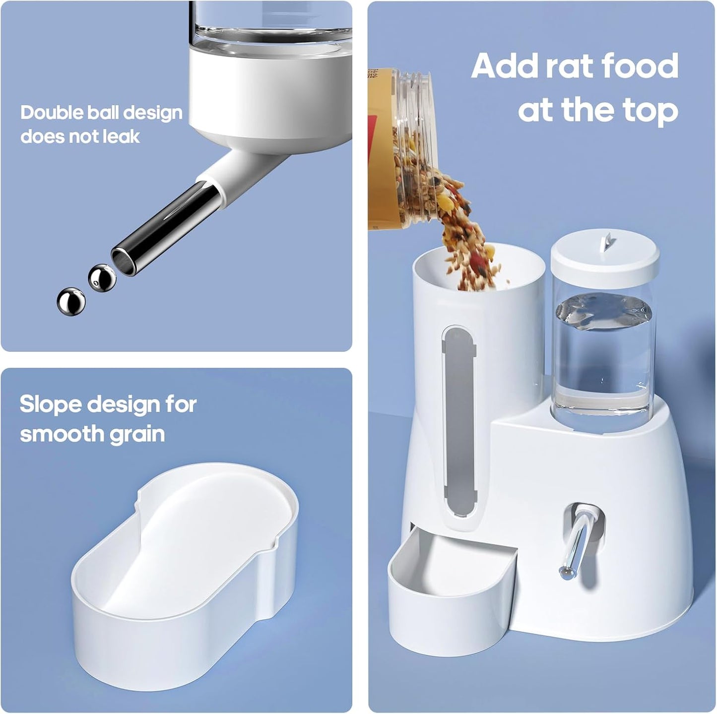 2 in 1 Hamster Water Bottle - Automatic Food Bowl, No Drip Small Animal Water Bottle Dispenser, for Syrian Dwarf Hamsters, Gerbils, Mouse, Hedgehog, Hamster Cage Accessories (Pink, Large)