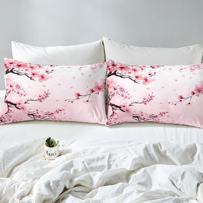 Homewish Cherry Bloosom Bedsheets Queen Size 4 Pcs,Pink Petal Spring Flowers Bedding Set for Girls Women Adults,Dreamy Wild Peach Blossom Sheet Set with Flat,Fitted Sheet,2 Pillowcases