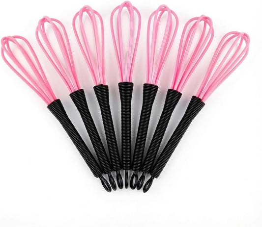7 Pack Professional Hair Dye Whisk with Non-Slip Handle - Premium Black Mini Plastic Mixer for Salon Color, Bleach, and DIY Face Mask - Chemical Resistant & Stain Free Tool (Pink)
