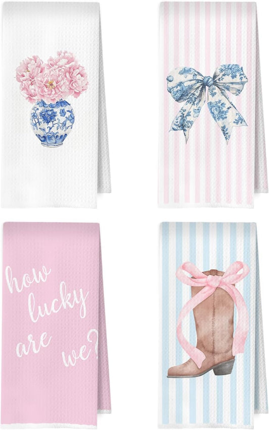 Chinoiserie Western Kitchen Towels Set - Preppy Coquette Cowgirl Waffle Decorative Dish Towels, Coquette Bow Cowgirl Boots Hand Towel, Pink Hydrangea Tea Towel, 16x24 Inches Set of 4