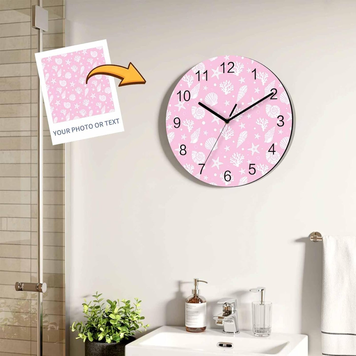 Marine Life Wall Clock Battery Operated Non-Ticking 12" Round Wood Clocks, Ocean Coral Shell Starfish Pink Kitchen Wall Clock for School Bathroom Living Room Home Office Wall Decor