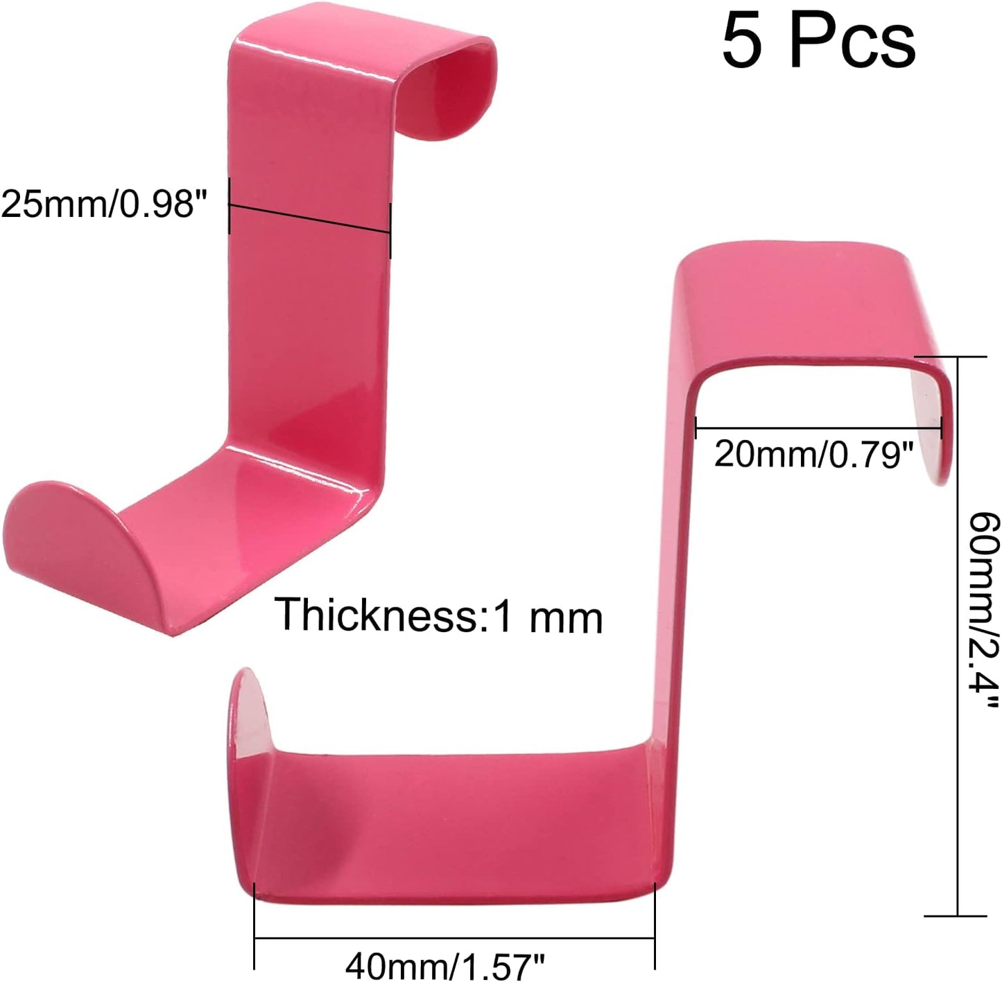 5 Pcs Over The Door Hooks Z-Shaped Hanging Hooks Dual Head Fits 3/4" and 1-1/2" Door Widths, Stainless Steel Reversible Single Hanger Hook for Over The Door, Kitchen, Cabinet, Drawer (Pink)