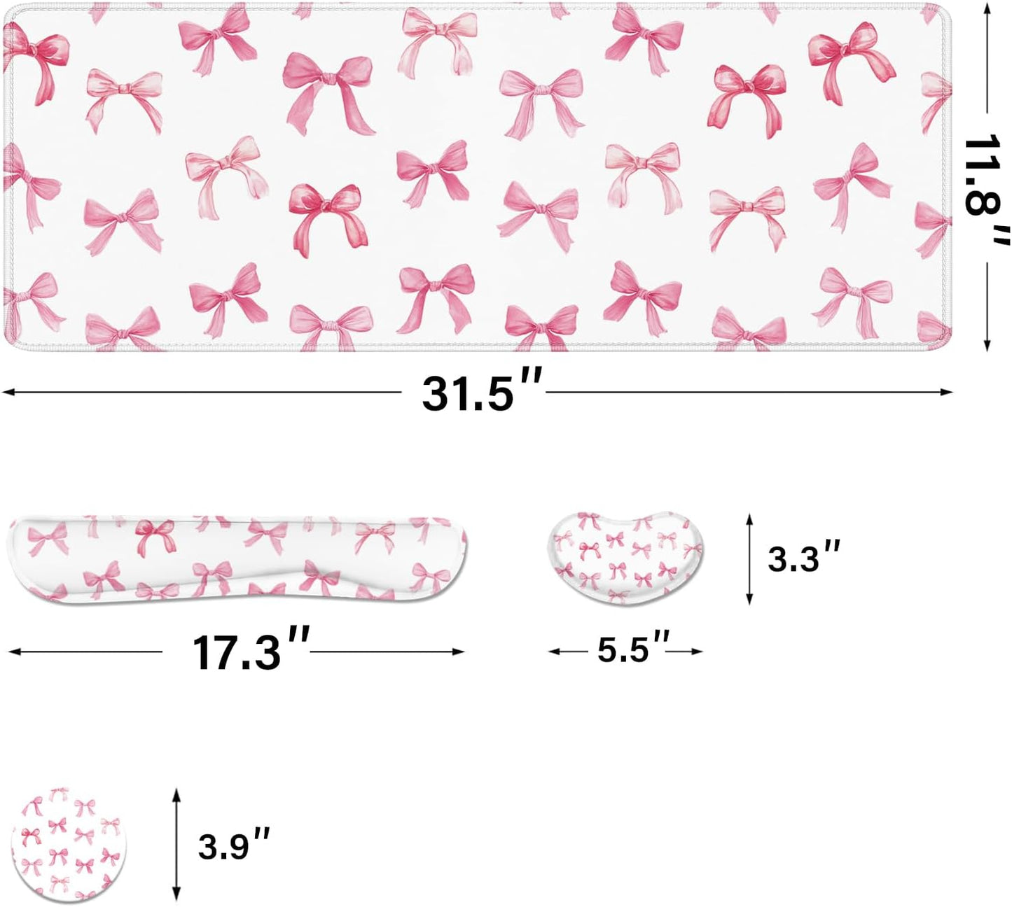Desk Pad and Keyboard Wrist Rest, Large Mouse Pad + Keyboard Pad+Mouse Wrist Support, Non-Slip Desk Mat Protector for Office, Home 31.5×11.8 Inches Pink Bow