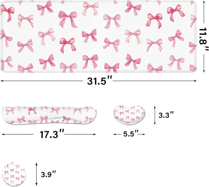 Desk Pad and Keyboard Wrist Rest, Large Mouse Pad + Keyboard Pad+Mouse Wrist Support, Non-Slip Desk Mat Protector for Office, Home 31.5×11.8 Inches Pink Bow