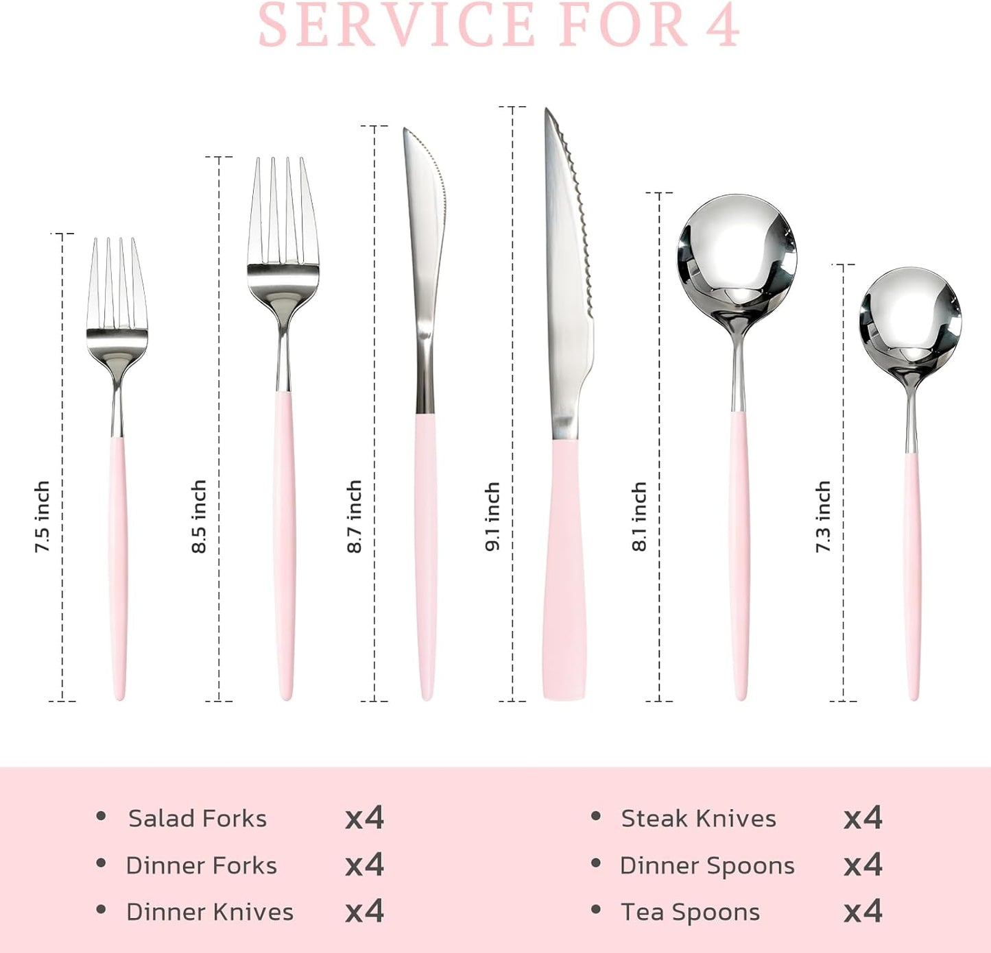 Astercook Silverware Set with Steak Knives 24-Piece Flatware Set for 4 Food-Grade Stainless Steel Pink Cutlery Set Mirror Polished Utensils Set Include Spoons and Forks for Home Kitchen Restaurant