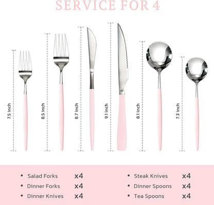 Astercook Silverware Set with Steak Knives 24-Piece Flatware Set for 4 Food-Grade Stainless Steel Pink Cutlery Set Mirror Polished Utensils Set Include Spoons and Forks for Home Kitchen Restaurant