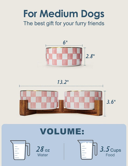 Ceramic Dog Bowls for Medium Dogs, 3.5 Cups Checkered Dog Food and Water Bowl with Acacia Wood Stand, Non-Slip Anti-Tip Elevated Feeding Station, Pink and White