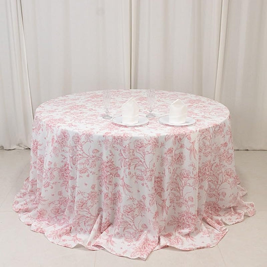 Balsa Circle 132" Round White with Pink French Toile Polyester Tablecloth - Vintage Pastoral Floral Rustic Washable Table Cover for Indoor & Outdoor, Farmhouse Decor, Picnic, Tabletop Decoration
