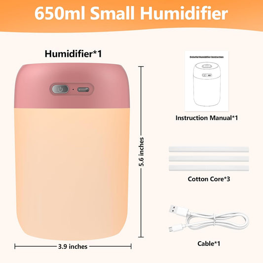 Portable Small Humidifier, 650ml Colorful Mini Humidifier for Bedroom, Office Desktop, Baby Room, Plants, Cool Mist Humidifiers(Deep Pink)
