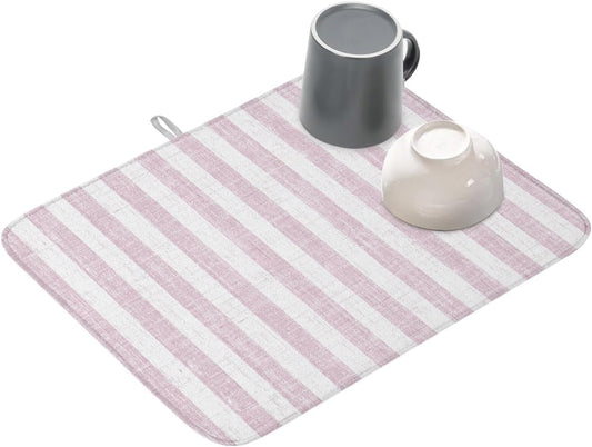 Dish Drying Mat for Kitchen Counter,Vintage Pink White Stripe Absorbent Microfiber Drainer Rack Pad Pastoral Minimalist Line Quick Dry Mat for Sinks Dishes Utensils 18x24in,1 Pack