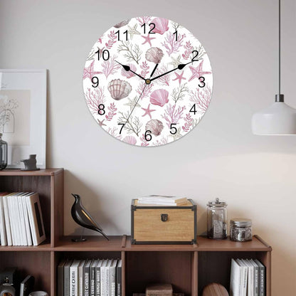 Wall Clock Pink Starfish Shell Clocks PVC Silent Non-Ticking Battery Operated Decorative Coral Ocean Marine Life Round Clock for Home Living Room Kitchen Bedroom Office School Wall Decor 10 Inch