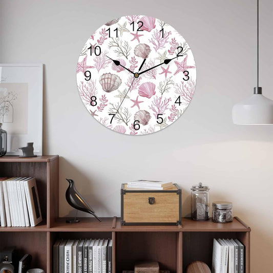 Wall Clock Pink Starfish Shell Clocks PVC Silent Non-Ticking Battery Operated Decorative Coral Ocean Marine Life Round Clock for Home Living Room Kitchen Bedroom Office School Wall Decor 10 Inch