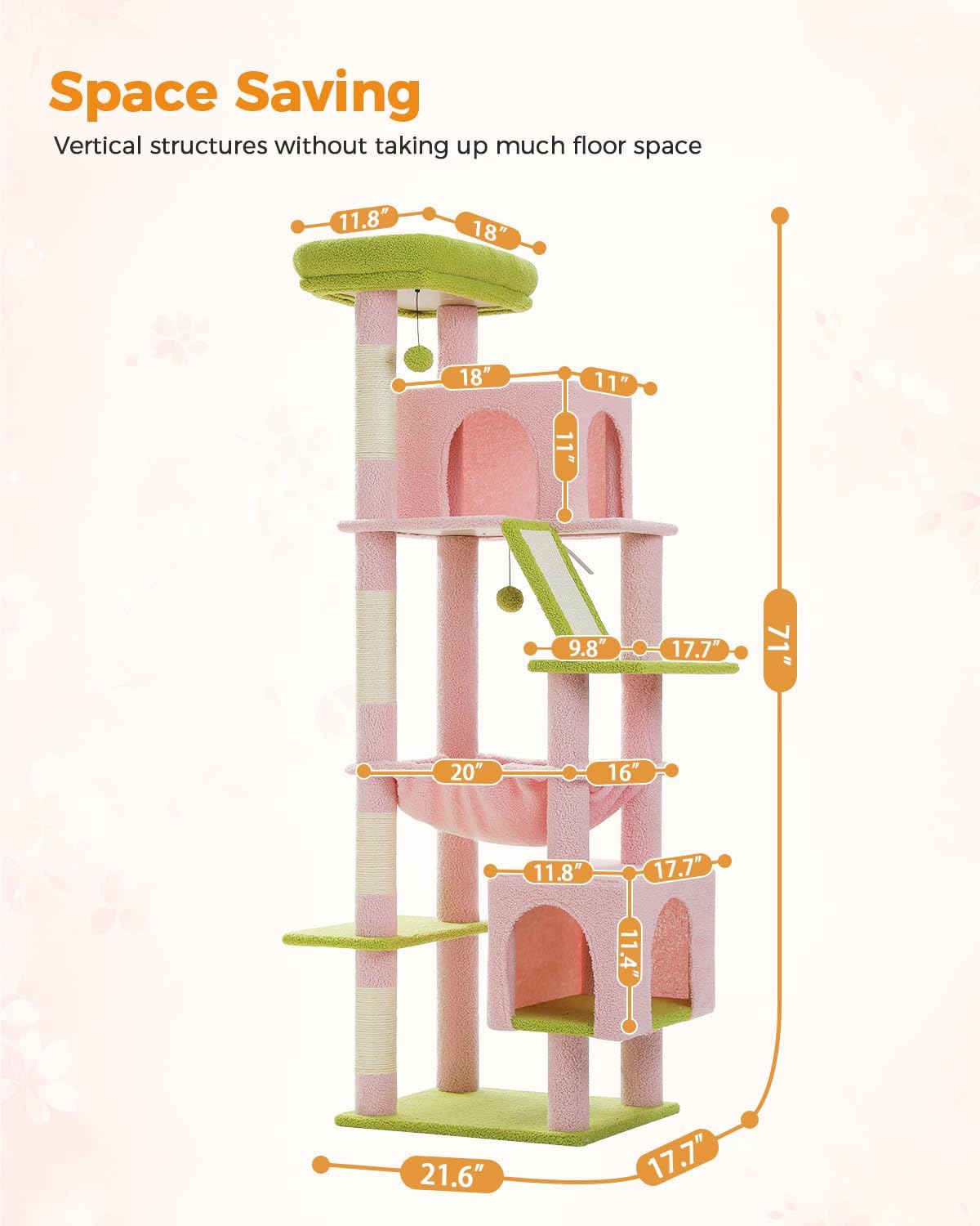 MUTTROS Pink 71" Tall Cat Tree for Large Cat 20 lbs with Super Large Hammock, Heavy Duty Cat Tower with 4 Sisal Scratching Posts & 2 Spacious Condos for Big Adult Cats Maine Coon -Green