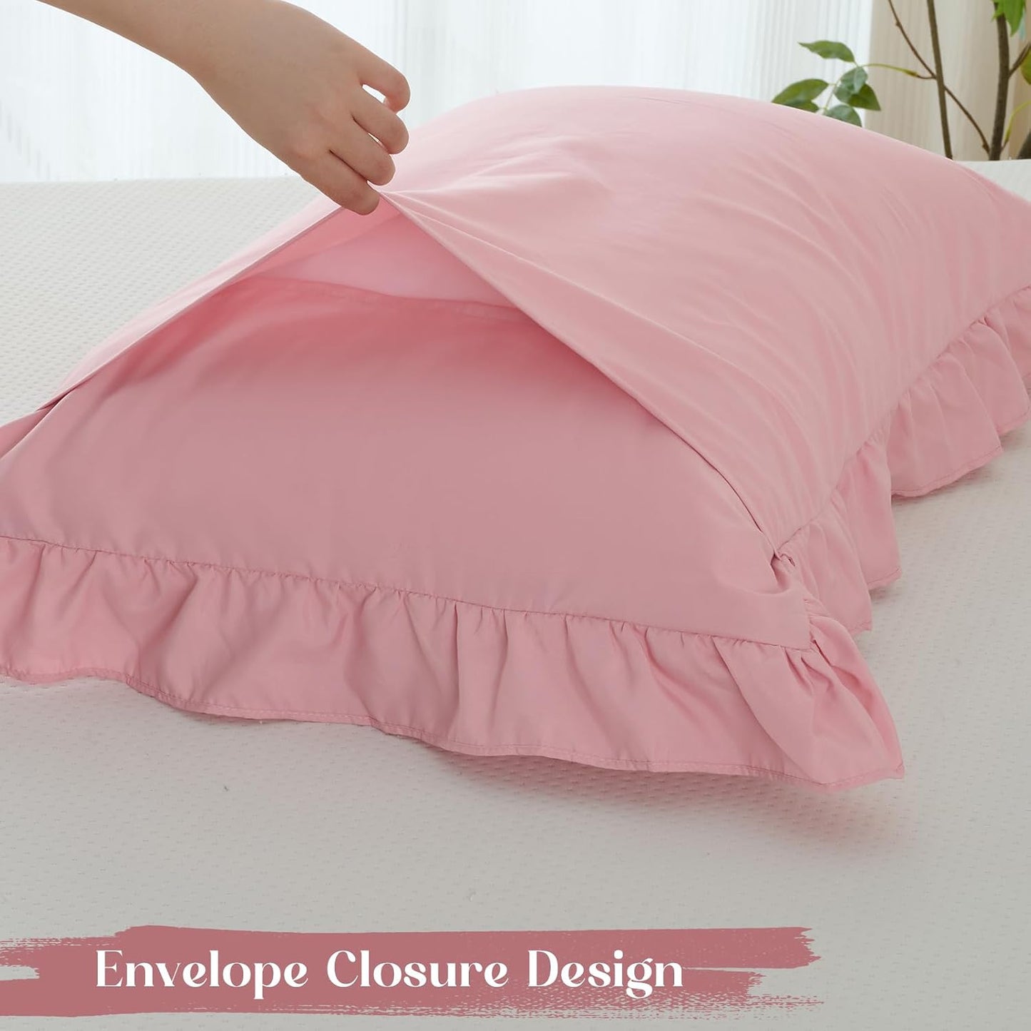 Homiest 3-Pieces Ruffle Pillow Case & Fitted Sheet Set, Light Pink Queen Sheets with 2 Ruffled Pillow Shams, 15 Inch Deep Pocket, Cute & Coquette Microfiber Bed Set for Decorating Bedroom Hotel