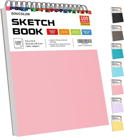 Soucolor Cute Sketch Book 9" x 12" for Teen Girls,Sketchbook 100 Sheets Spiral Notebook Drawing Pad, Pastel School Supplies for Artists, Arts and Crafts Gifts Set for Kids,Women