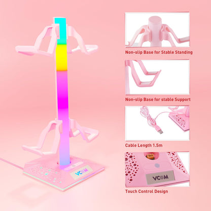 VCOM RGB Gaming Headphones Stand with 2 USB Ports, Pink Headset Stand with 10 Light Modes and Non-Slip Rubber, Suitable for PC Desk Accessories Gamers Gift(Pink)