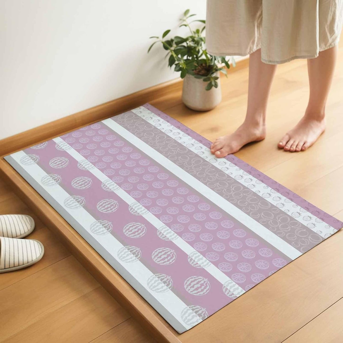 Farm Fruits Indoor Door Mat - 16"x24", Non-Slip Welcome Mat for Outdoor, Watermelon Lemons Peach Pink Grey Striped Front Doormat for Entry, Low-Profile Doormat Entrance Rug for Kitchen/Bathroom