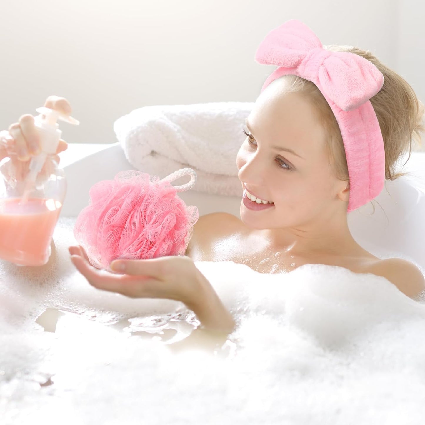 Moucuny 24 Pieces Spa Sleepover Party Supplies 6 Pink Spa Headband 6 Shower Loofahs 6 Pink Velvet Scrunchies 6 Cosmetic Bags for Slumber Sleepover Birthday Party Favors Gift