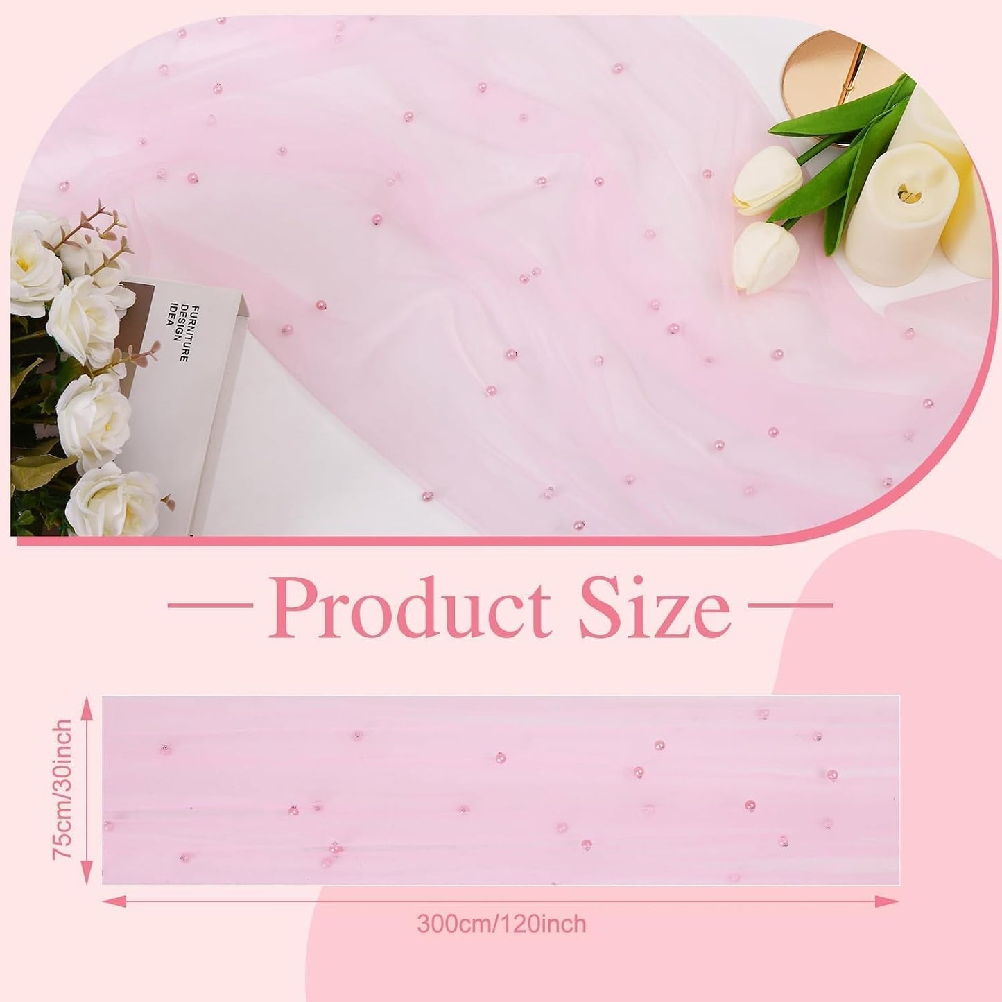 Pearl Table Runner 10FT, 30 x 120 Inch Pink Boho Rustic Tulle Lace Table Runner for Spring Summer Birthday Baby Shower Wedding Party Table Decor