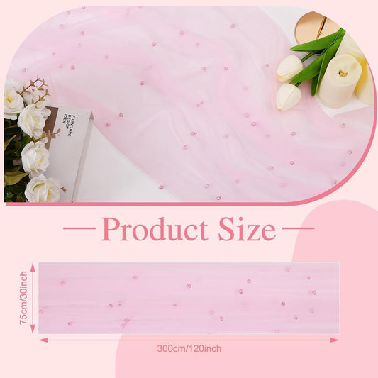 Pearl Table Runner 10FT, 30 x 120 Inch Pink Boho Rustic Tulle Lace Table Runner for Spring Summer Birthday Baby Shower Wedding Party Table Decor