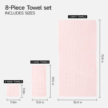REDKISS Soft Bath Towel Sets 8-Piece, Microfiber Quick Dry & Absorbent, 35x70 in Large Bath Sheet 14x30 in Hand Towel, 12x12 in Washcloth, Pink Bathroom Towel Set