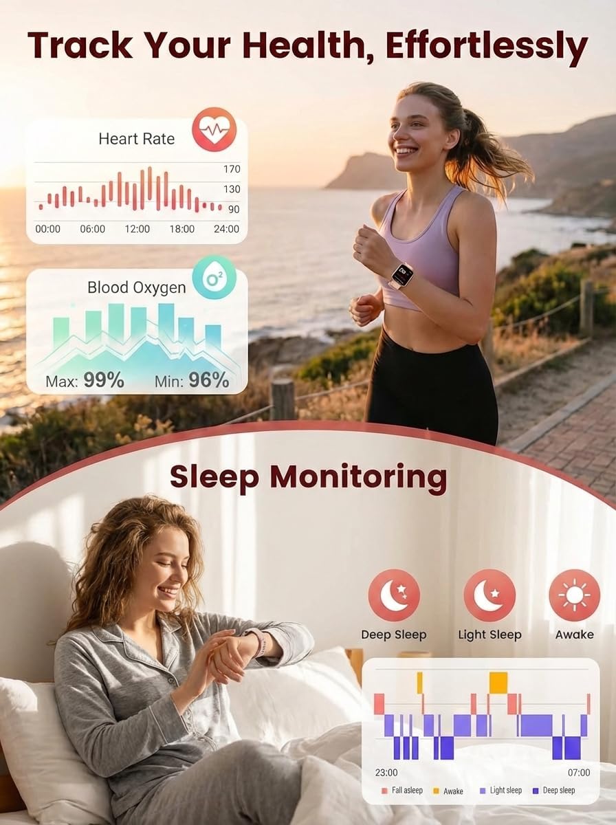 SKG Smart Watch for Women, Fitness Tracker with 5ATM Swimming Waterproof, Sleep Monitor, 1.7'' Touch Screen Smartwatch Fitness Watch for Android-iPhone iOS,V7 Pink