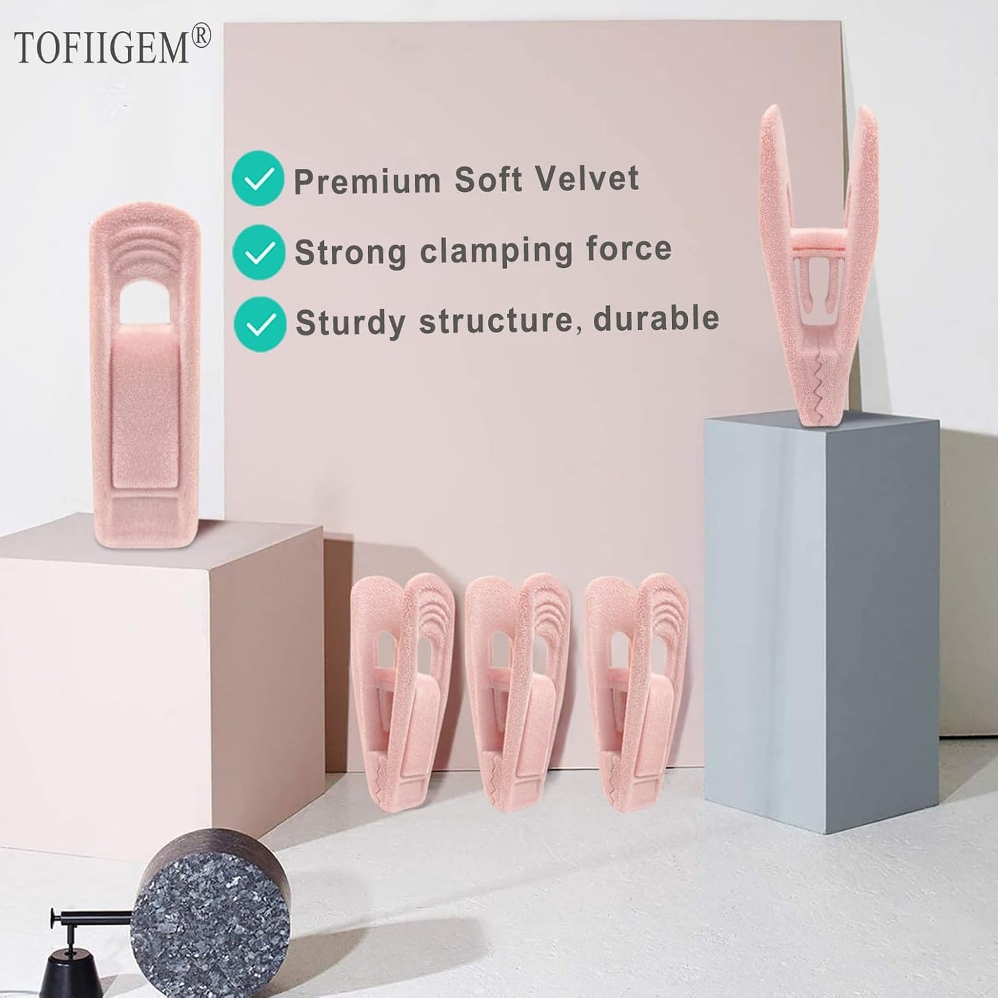 TOFIIGREM Light Pink Velvet Hangers Clips 20 PCS, Non-Slip Velvet Clip for Pant Skirt Velvet Hangers, Strong Flocking Hangers Clips